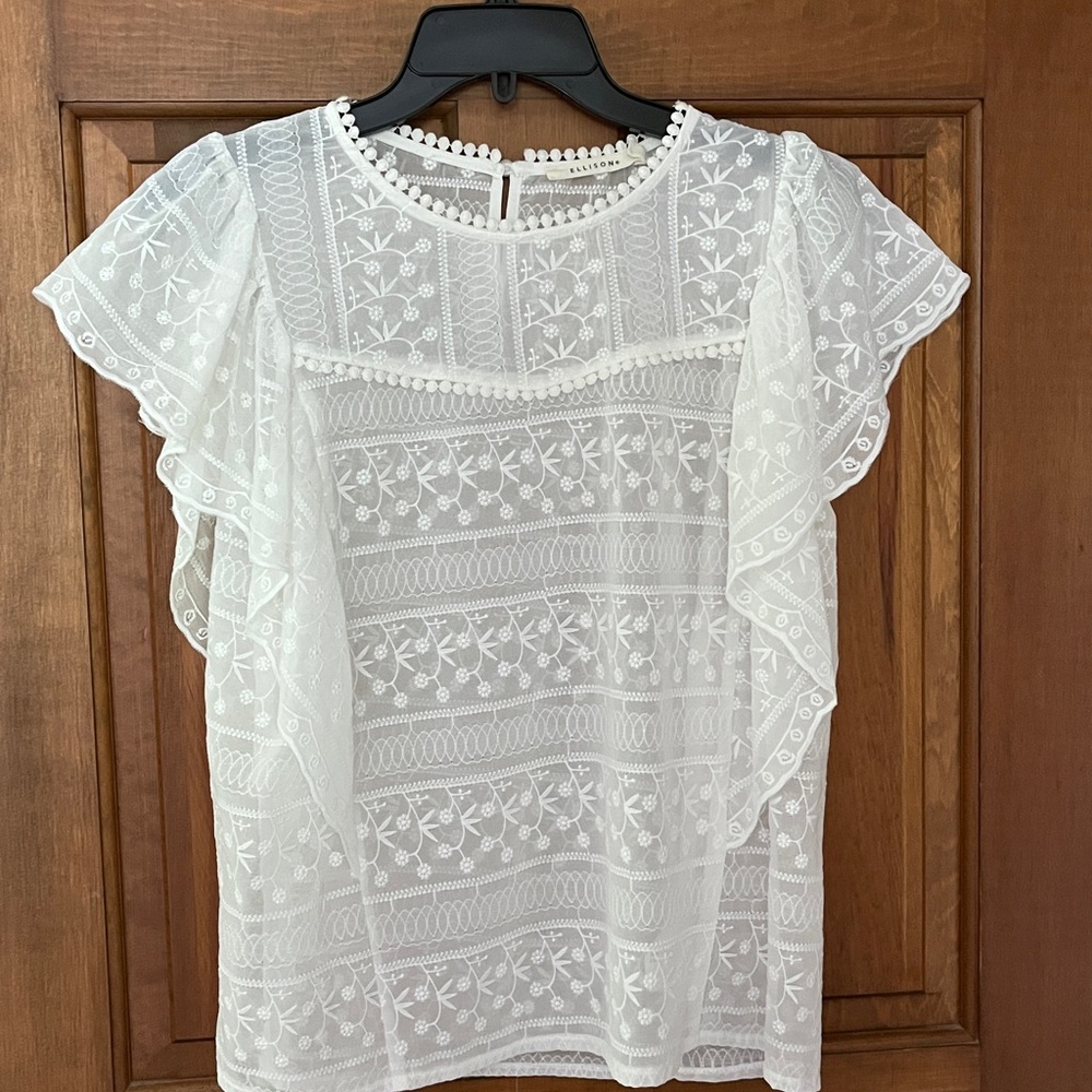 Ellison White Embroidered Flutter Sleeve Blouse